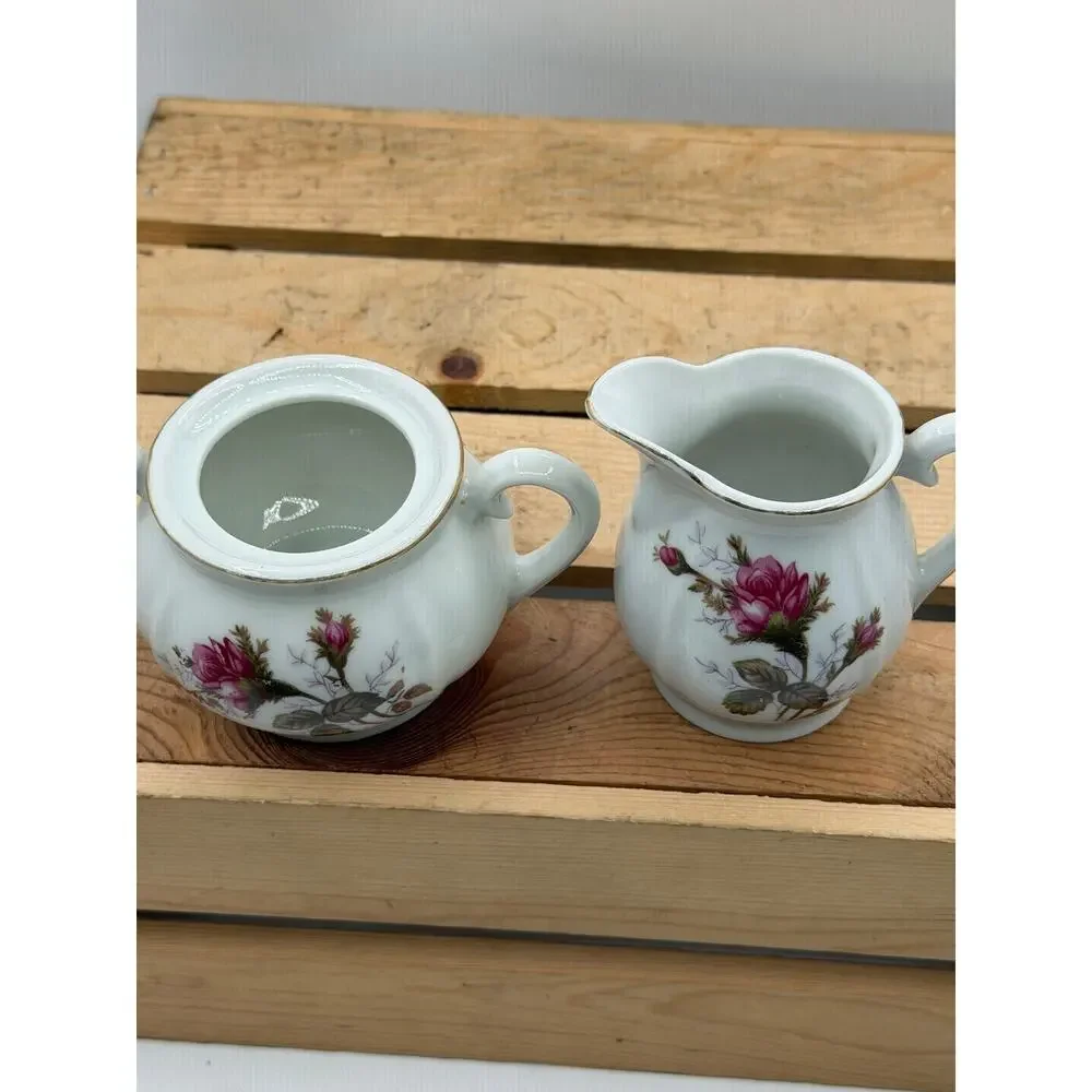 Vintage Pink Rose Porcelain Sugar Bowl and Creamer Pitcher Set with Gold Trim